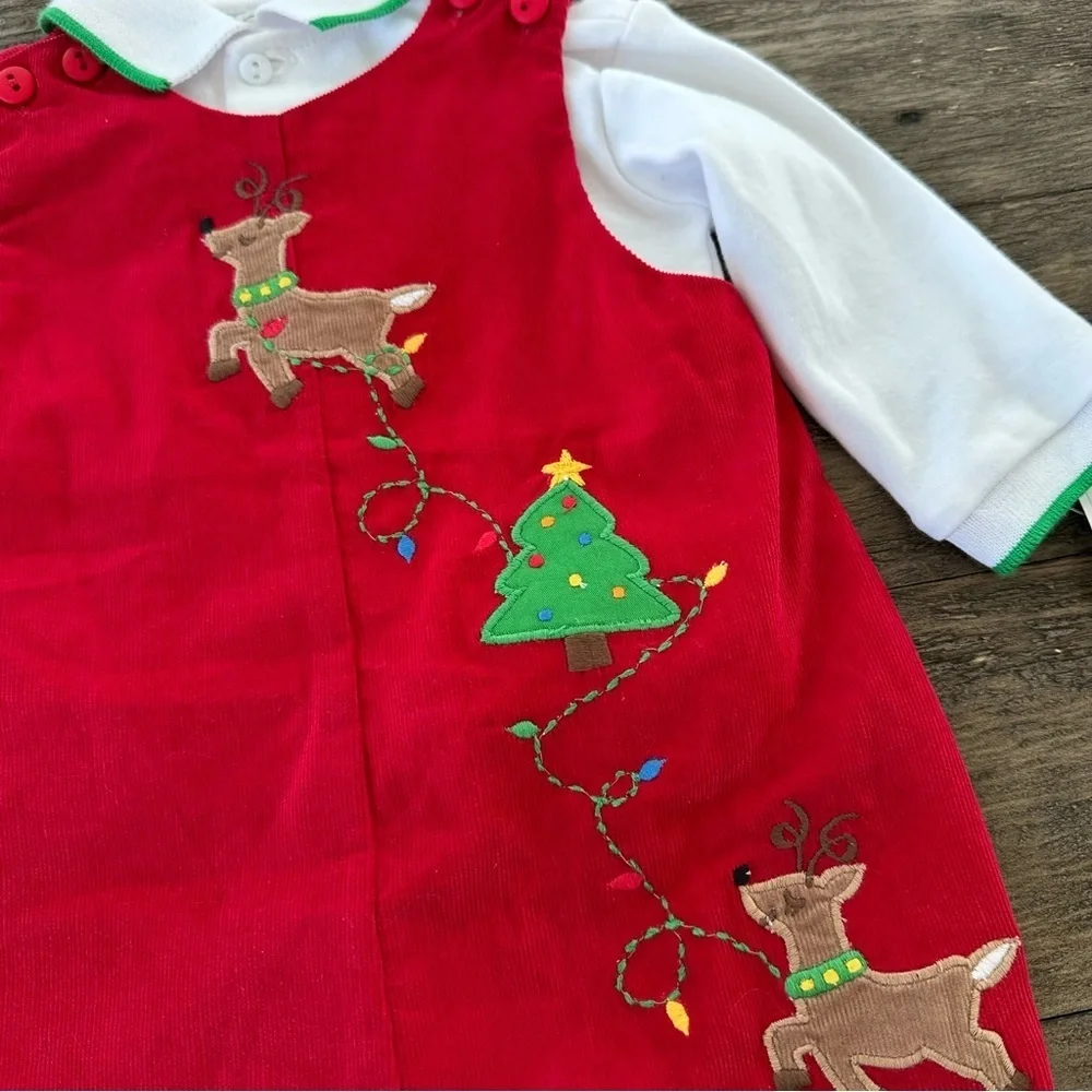 NWT Petit Ami size 6 months Baby Boys Red Corduroy Reindeer Overall Set 2 Piece‎